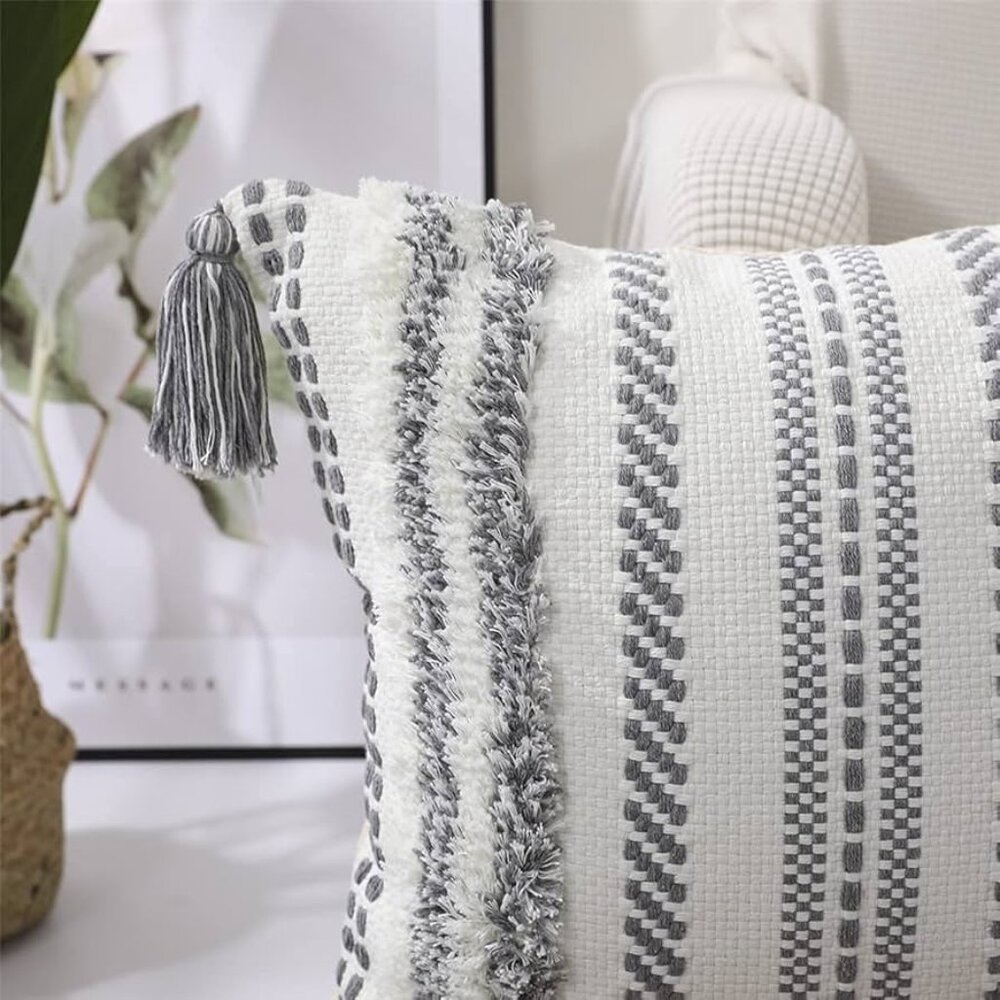 SEEKSEE Single Boho Throw Pillow Cover | 22x22 inch | Tufted & Tasseled | Grey - Picture 2 of 3